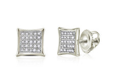 10K White Gold Diamond Earrings Micro Pave Kite Shape Screw Back Studs .15ct