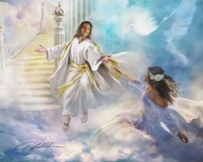 FIRST DAY IN HEAVEN  8x10 print Jesus welcoming woman into Heaven