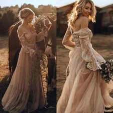 Champagne Bohemian Lace Wedding Dress V-Neck Long Sleeve A-Line Bridal Gown