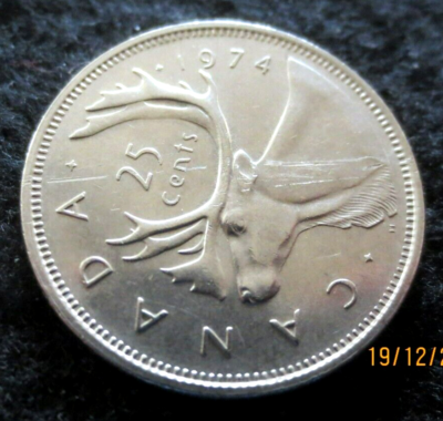 1974 QUEEN ELIZABETH ll CANADIAN 25 CENT CARILOU SILVER COIN