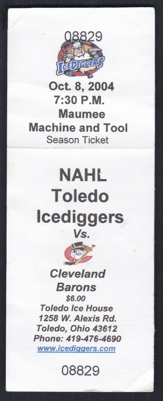 Oct. 8, 2004 NAHL Toledo Icediggers vs. Cleveland Barons Season Ticket Stub