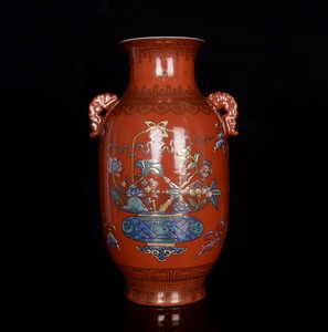Old Rare Red Glaze Chinese Porcelain Vase Kangxi MK H14.17”