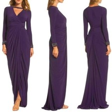 Adrianna Papell Beaded V-Neck Long Sleeve Jersey Maxi Gown Dress Purple 2 NEW