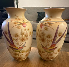 Crown Ducal Pair Ceramic Vases Cream Art Deco Bird & Butterfly Floral A1268
