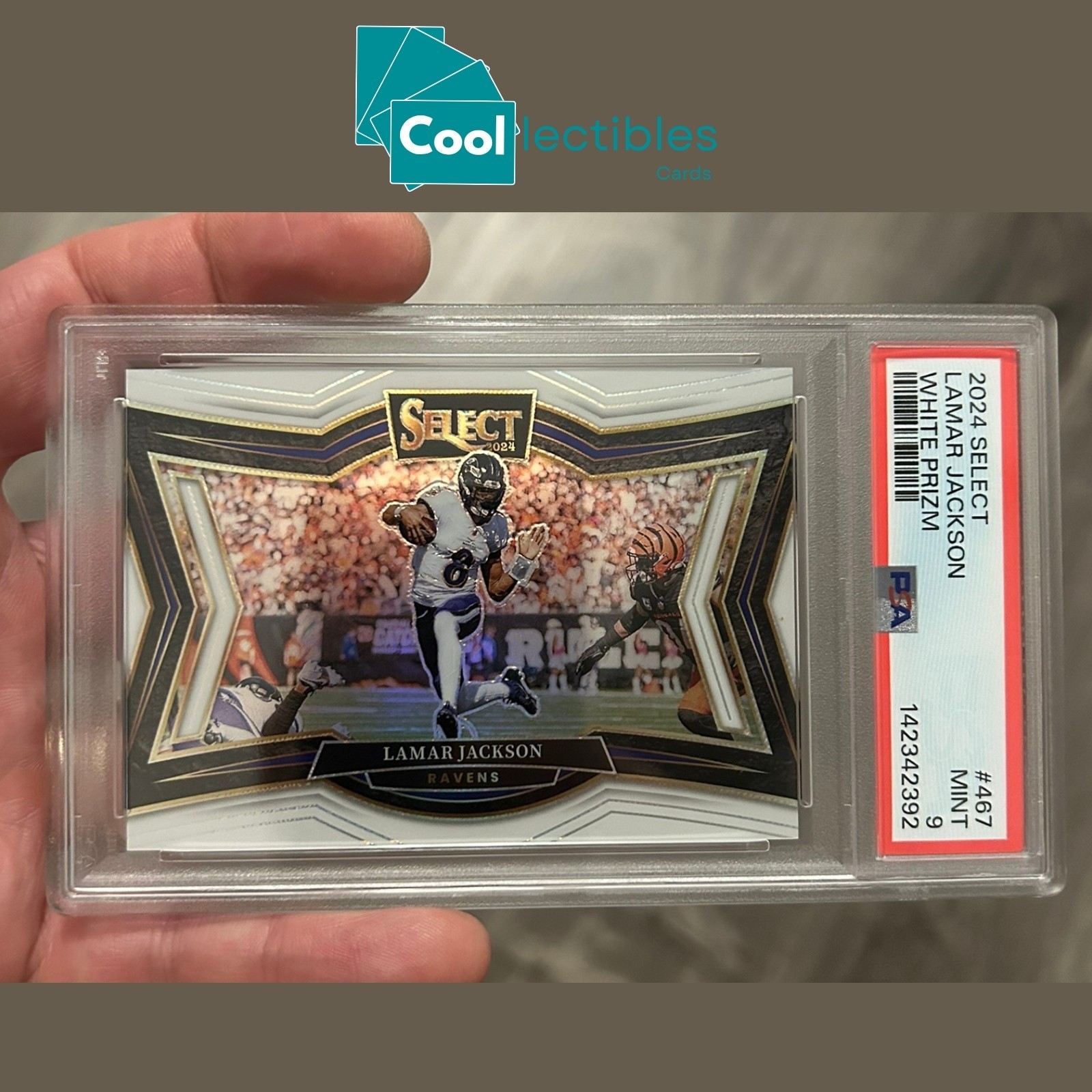 2024 Panini Select Football Field Level Lamar Jackson #467 White Prizm /35 PSA 9