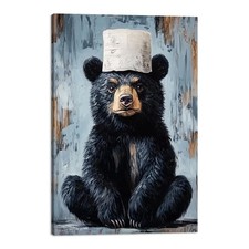 Funny Bear Canvas Wall Art - Black Bear with Toilet Paper Humorous Bathroom D...