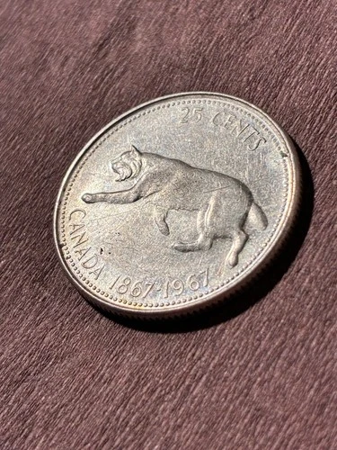 1967 Canada Silver Quarter 25 Cents Bobcat Centennial .800 Fine Coin XF