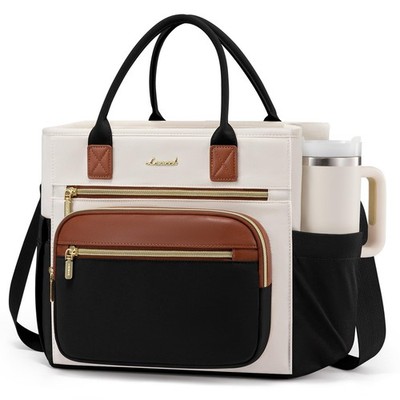 LOVEVOOK Insulated Lunch Bag Large  13L, Black with Off White Brown