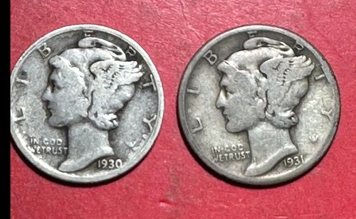 1930 & 1931 US Mercury SILVER Dimes! Set of 2! Lower Mintage "Philadelphia"!