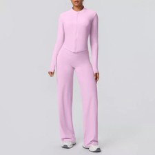 Completo Donna Rosa Tuta Aderente Zip Front Pantaloni Comodi Yoga T102602264