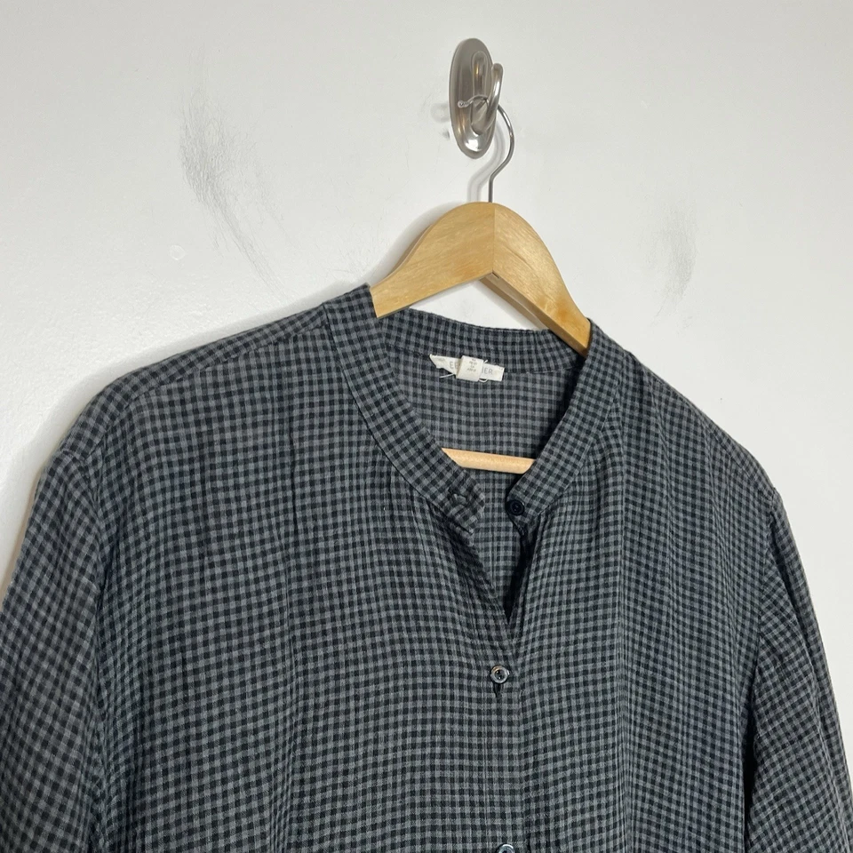 Eileen Fisher Linen Gingham Midi Dress Black Gray Womens XL Oversized Lagenlook - Image 3 of 4