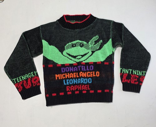 Vintage Teenage Mutant Ninja Turtles Sweater Kids 4-5 Black Green Knit TMNT