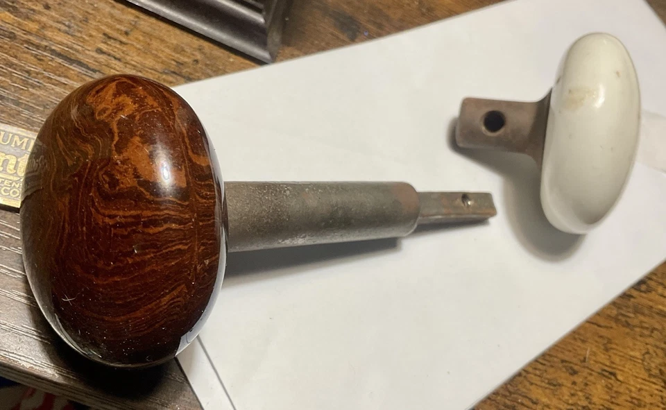 Vintage Brown Marble Swirl and White Porcelain Round Door Knob Set - Image 2 of 4