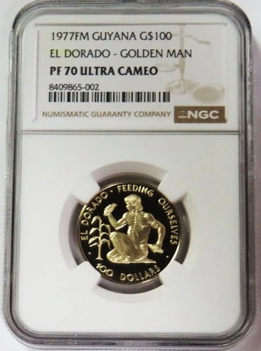 1977 FM GOLD GUYANA $100 EL DORADO - GOLDEN MAN NGC PF 70 UC