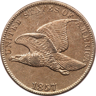 1857 Flying Eagle Cent 1C, About Uncirculated AU, Cleaned