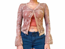 Brown Floral Sheer Mesh Lace V-Neck Long Bell Sleeve Pullover Blouse XS