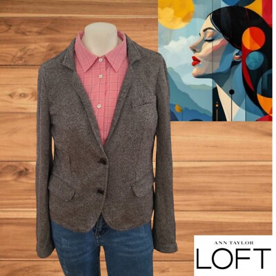 Ann Taylor LOFT Women s Gray Knit Blazer Size M Two-Button Career Office Jacket