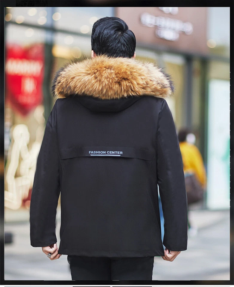Winter Real Fox Fur Collar Hooded Rabbit Fur Lined Coat Parka Overcoats Zip Warm - Image 4 of 4