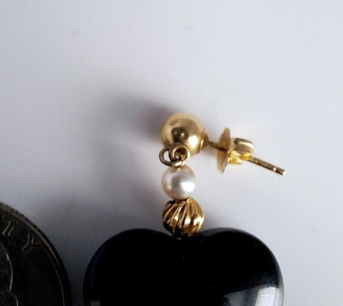 14k Gold Black Onyx Earrings Heart Dangle Vintage Post 1 5/8" Faux Pearl - Picture 11 of 11