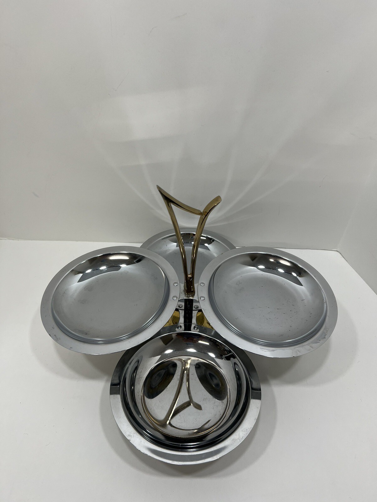 Vintage MCM Kromex Chrome & Brass Tiered Serving Tray Appetizer Candy