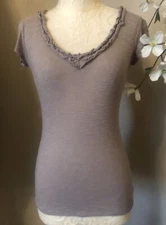 INC Womens Beige T-Shirt Ruffle Neckline Short Sleeve Top XS Minimalist Pullover