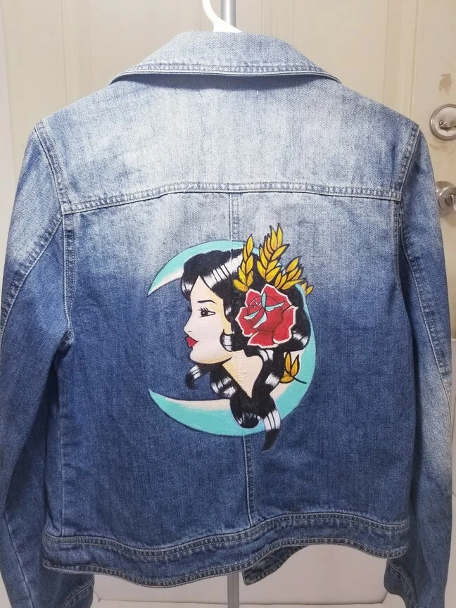 Custom Painted Hand Made Denim Jacket L Traditional Girl Head Tattoo Design