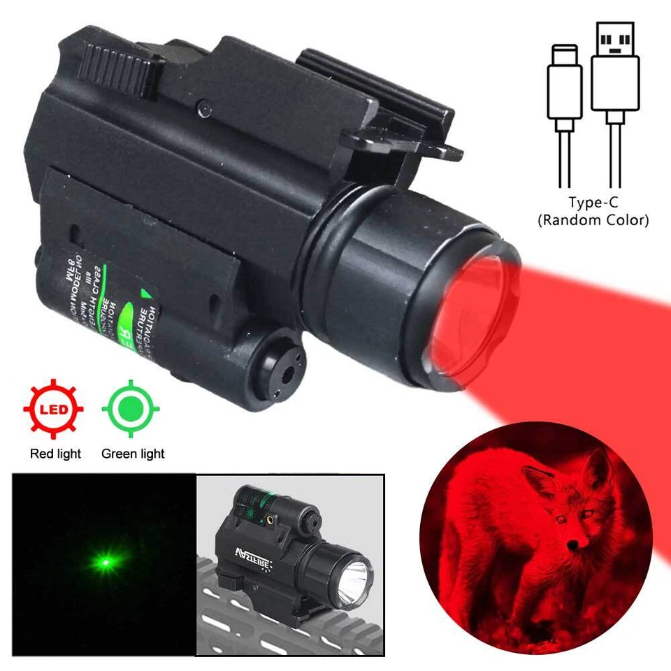 USB Rechargeable Red/Green LED Flashlight Pistol Light w/ Laser Sight 20mm Rail - Image 4 of 4