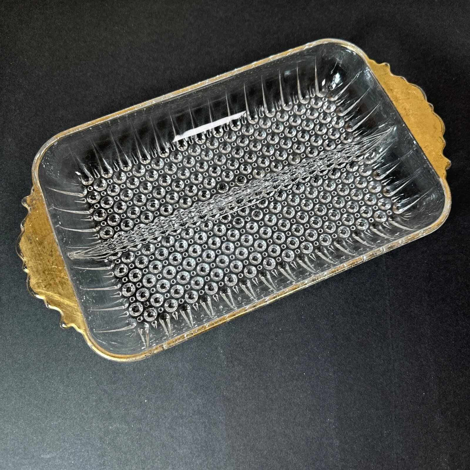 Vintage 22k Gold Trimmed Hobnail Anchorglass DIVIDED Relish Dish 10x5.5 Inches