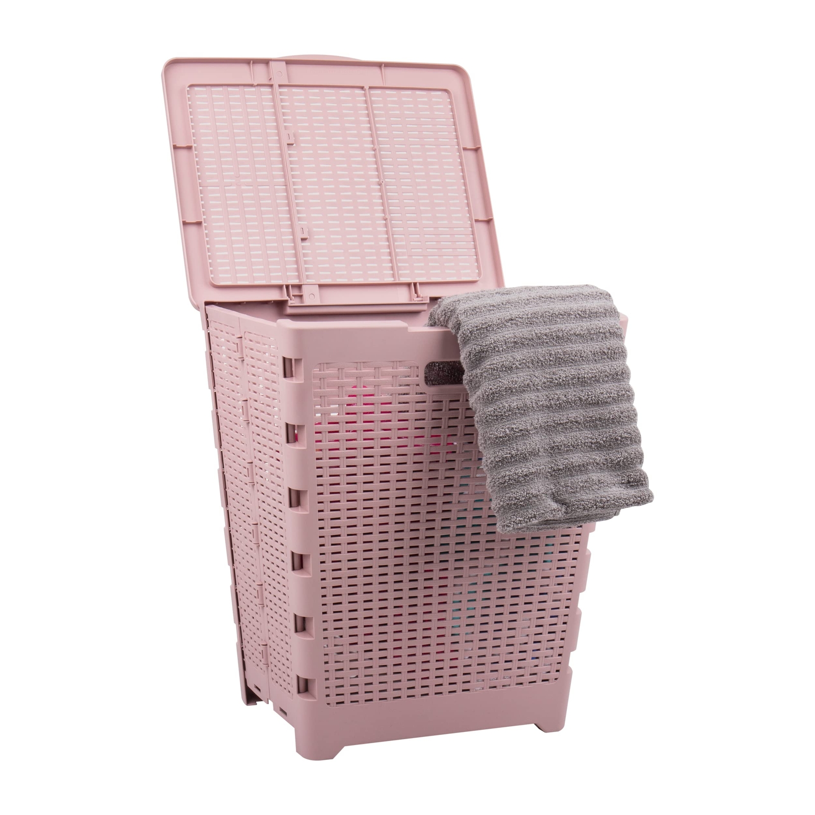61l Foldable Laundry Hamper Clothes Basket Lid Wicker Design Plastic 18