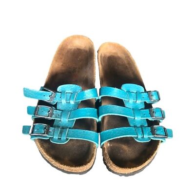 Birkenstock  Birki  Xenia Teal Snakeskin Slip On Sandals Sz 38/7 Triple Buckles