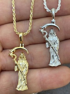 Authentic Real 925 Silver Gold Plated Santa Muerte Grim Reaper Death Pendant Necklace
