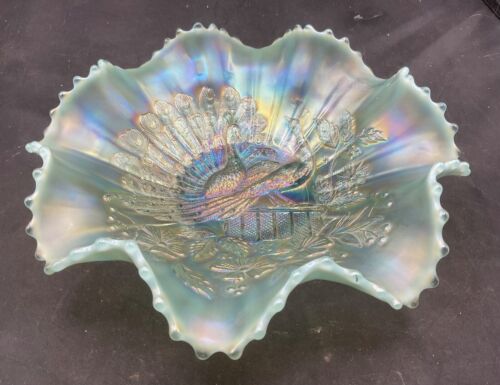 VINTAGE CARNIVAL FANTASTIC NORTHWOOD AQUA OPALESCENT PEACOCKS ON THE FENCE BOWL - Picture 2 of 10