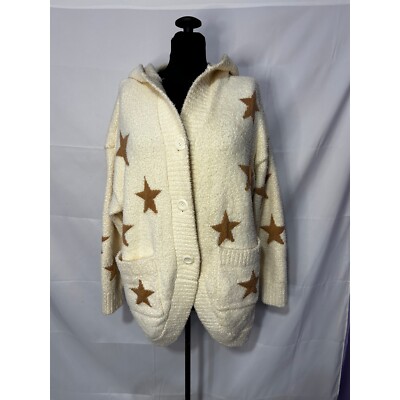 Hooded Oversize Berber Cardigan Sweater Star Print Pockets Cozy Knit Cream Sz S