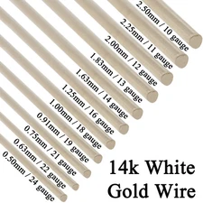 14K Solid White Gold Round Wire Half Hard 1 Inch 10ga - 24 Gauge 0.5mm - 2.5mm