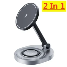 2 in 1 Magnetic Wireless Charger Stand Pad Foldable Fast Charging Station Dock