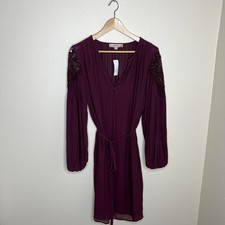 Loft Wine Tie Waist Crochet Puff Sleeve Dress Large NWT