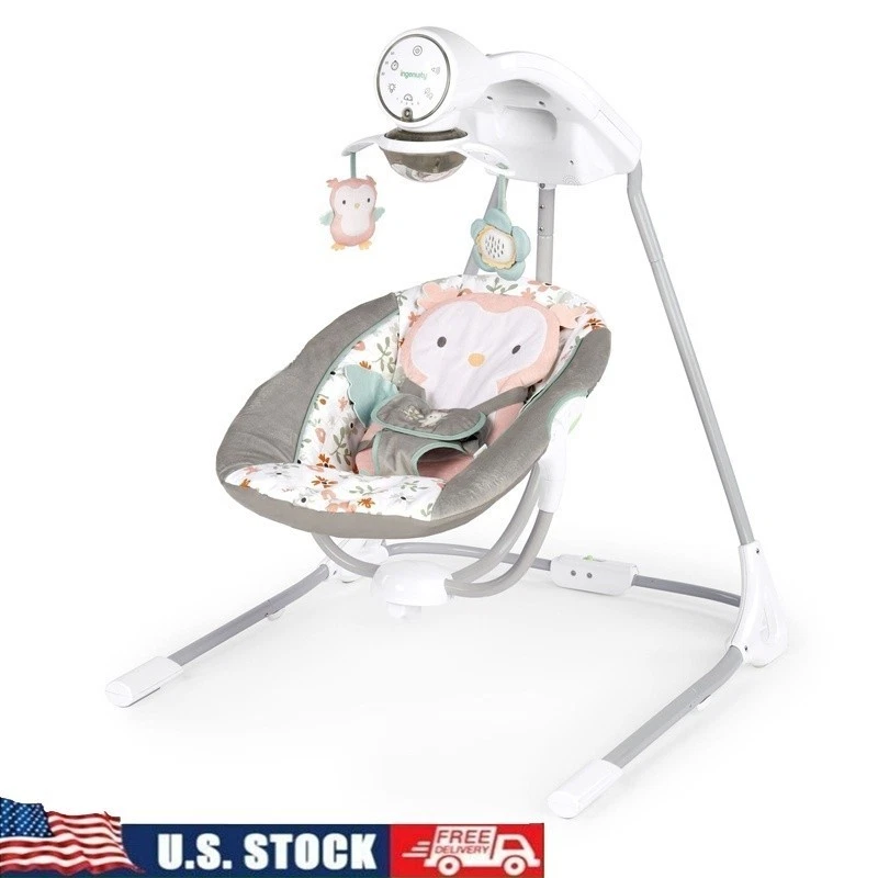 Baby Swing 5-Speed Swivel Seat Nature Sounds Lights Mobile Toys 0-9 Months New