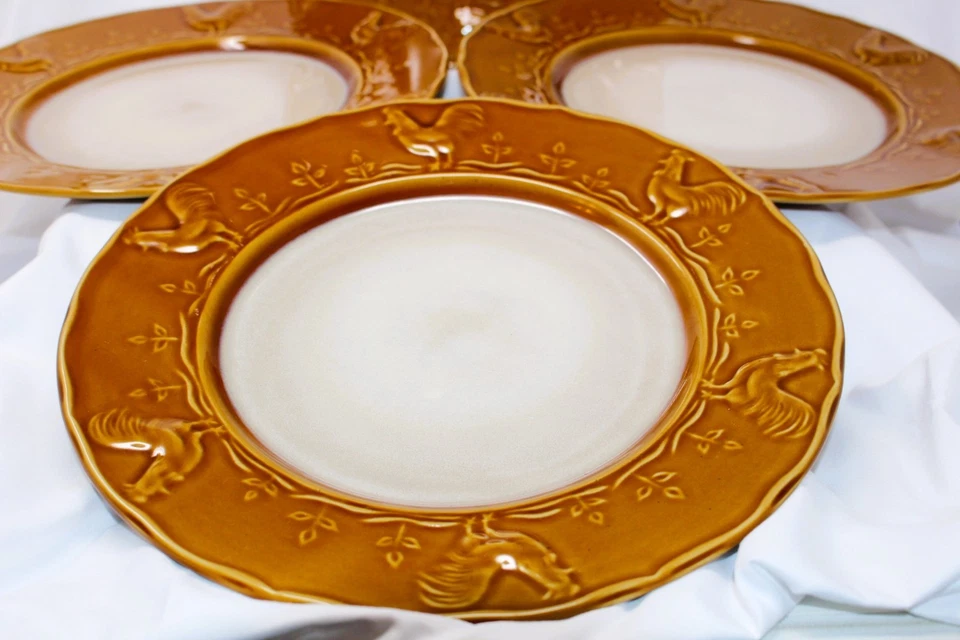 Juego de 4 platos de cena de gres de granja marrón crema gallo elevado Gibson GID364 Foto 3 de 4