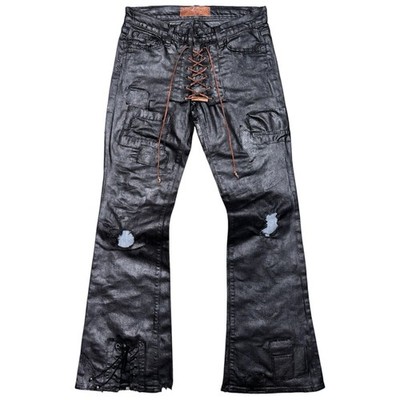 Reconstructed Black Lace Leather Patchwork Waxed Avant Garde Flare Jeans Size 26
