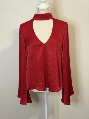 Show Me Your Mumu Red Olsen Bell Sleeve Cutout Satin Blouse Sz M