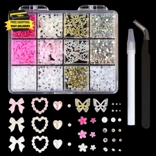 3D Nail Charms and Gems 3D Nail Art Charms Flatback Pearls Heart Bow Butterfly F