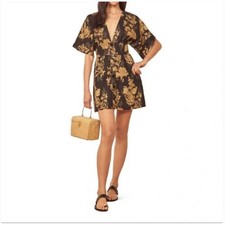 Reformation Ty Plunge V Neck Kimono Sleeve Floral Linen Mini Dress Size 12