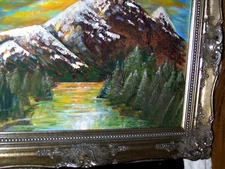 ORIGINAL High Mountains Snow Ice Landscape Green Trees  Vintage Canvas Painting