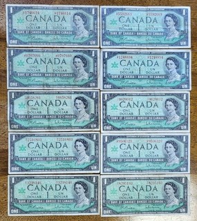 LOT OF 10 1967 BANK OF CANADA 1 DOLLAR CENTENNIAL BANKNOTES ALL DIFFERENT PREFIX