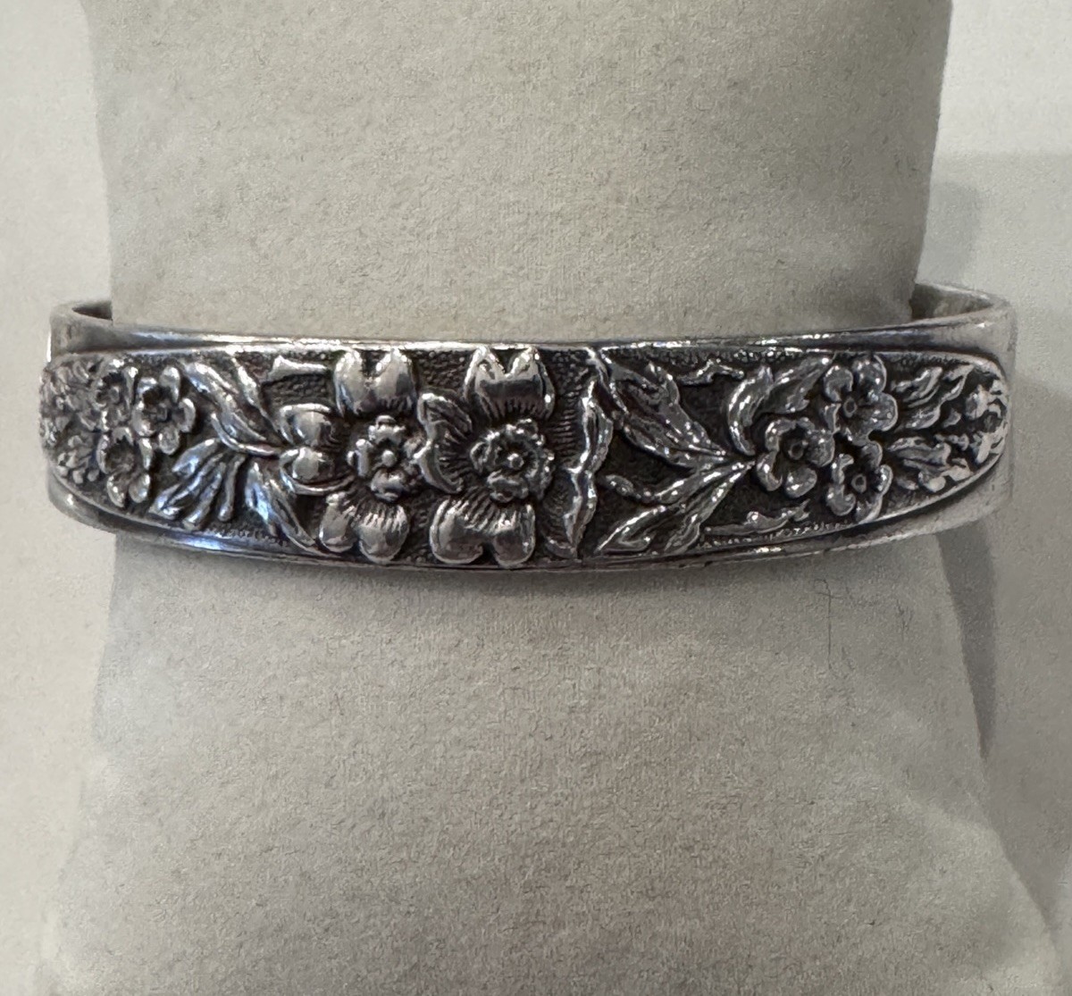Solid Sterling Silver Repousse Cuff Bracelet, Flo… - image 1