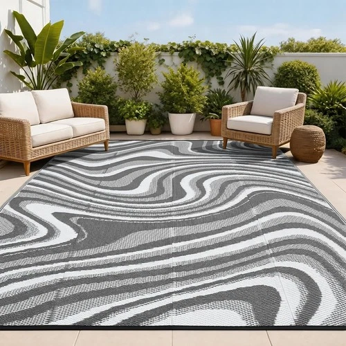 Modern Striped Outdoor Rug Waterproof Plastic Straw RV Camping Mat Grey White
