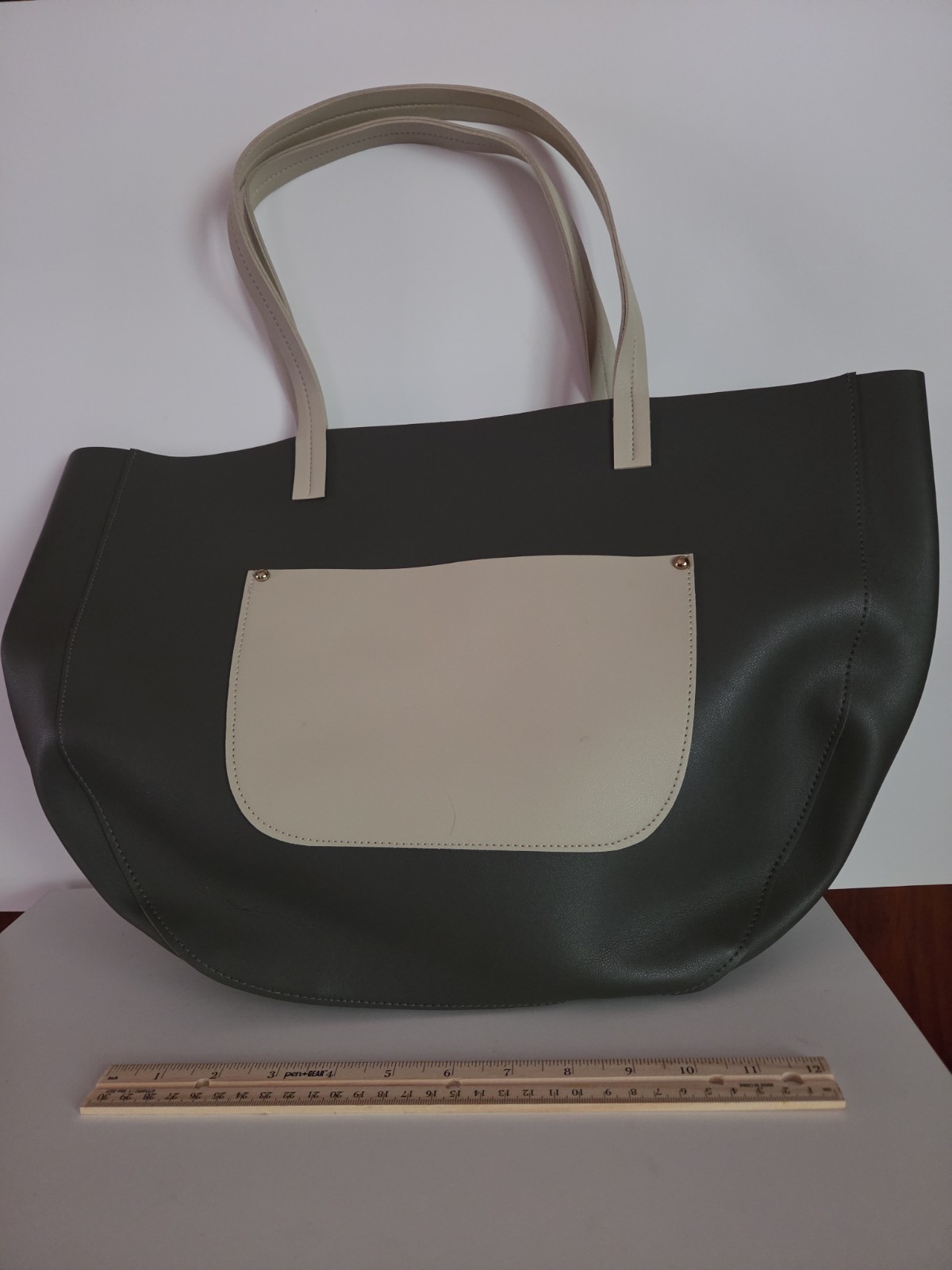Neiman Marcus  GREY & Beige Faux Leather Shopping Tote Bag Purse