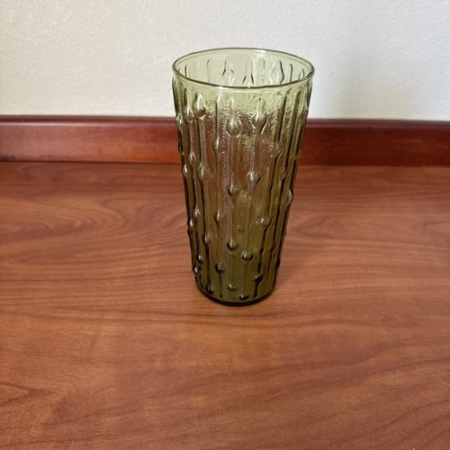 Vintage MCM 20 oz Green Anchor Hocking Tahiti Leaf Bamboo Glass Tumbler Glass