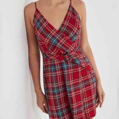 Urban Outfitters Dress Womens XS Red Plaid Sleeveless Mini Belted New