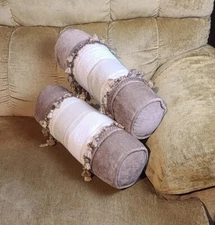 Set of 2 Lumber Fringe Tassel Couch/Bed Throw Pillows Tan Brown Beige 17x5 in